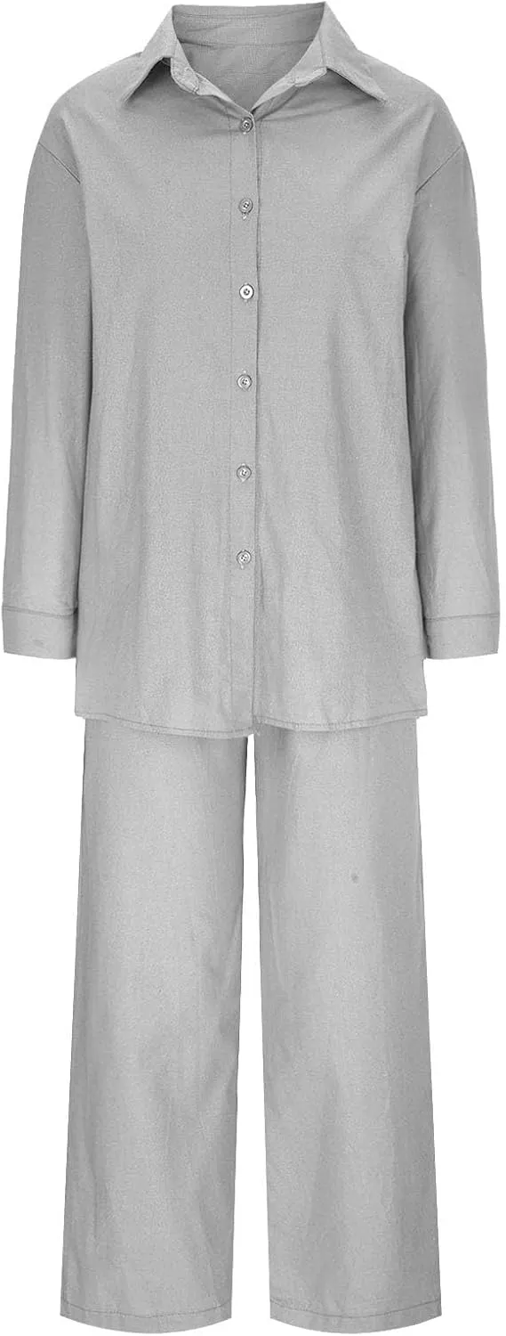 2 Piece Sets for Women Summer Long Sleeve Shirts & Wide Leg Trousers Loose Fit Dressy Cotton Linen Sets Outfits 2025