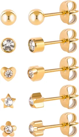 5 Pairs G23 Titanium Ear Piercing Stud Earrings for Sensitive Ears, Cubic Zirconia Stud Earrings Set for Ear Piercing Guns