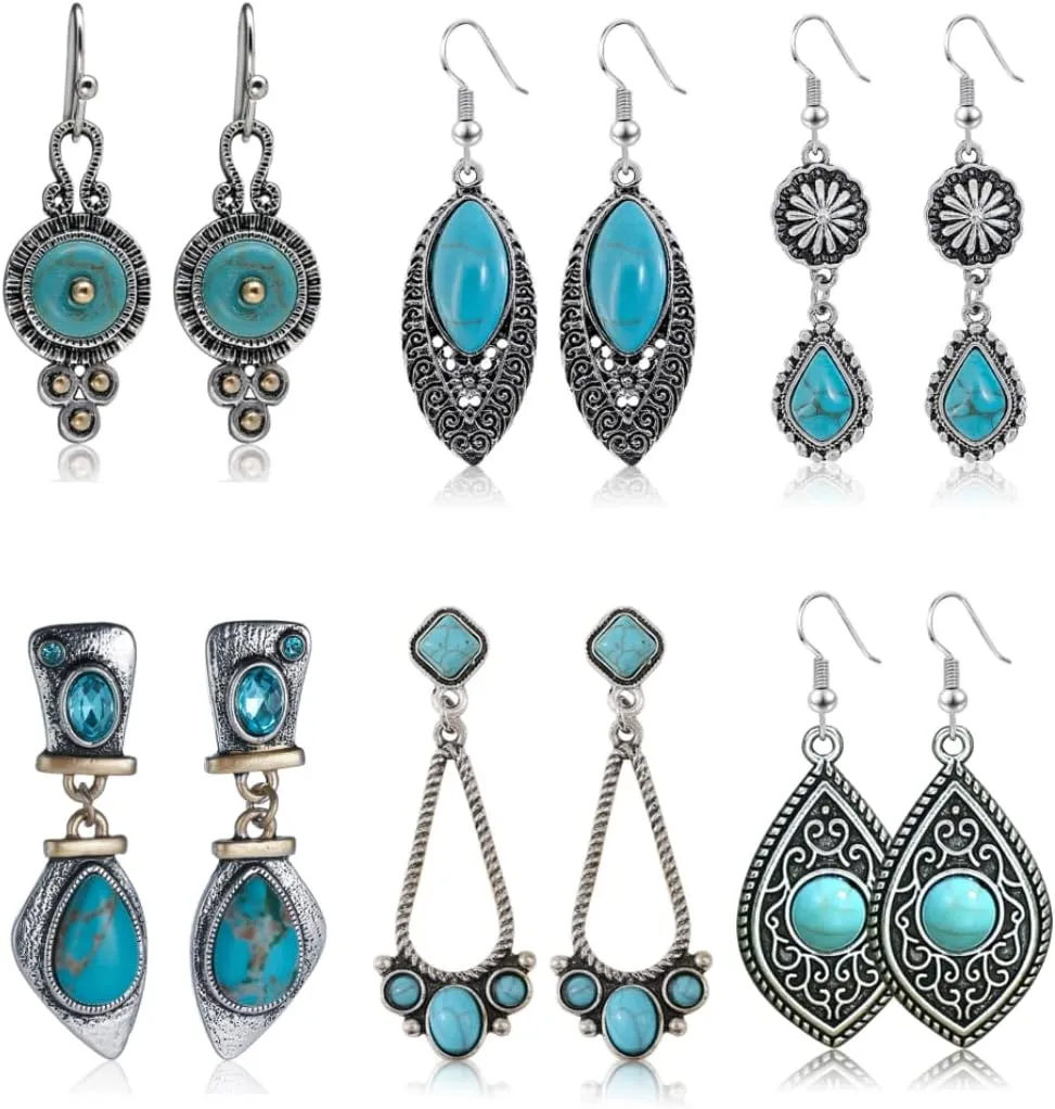 6 Pairs Vintage Turquoise Earrings Set Women's Bohemian Style Earrings Geometric Drop Dangle Earrings Western Statement Jewelry Gifts
