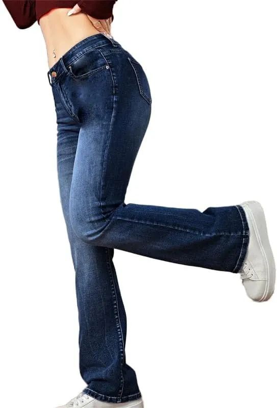 Andongnywell Women's Juniors Stretchy Boot Cut Jeans Pocket Plus Size Washed Low-Rise Jeans Trousers