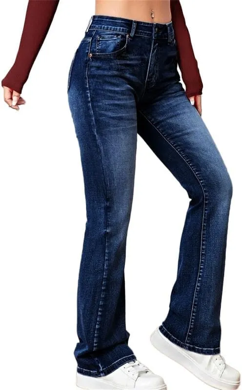 Andongnywell Women's Juniors Stretchy Boot Cut Jeans Pocket Plus Size Washed Low-Rise Jeans Trousers