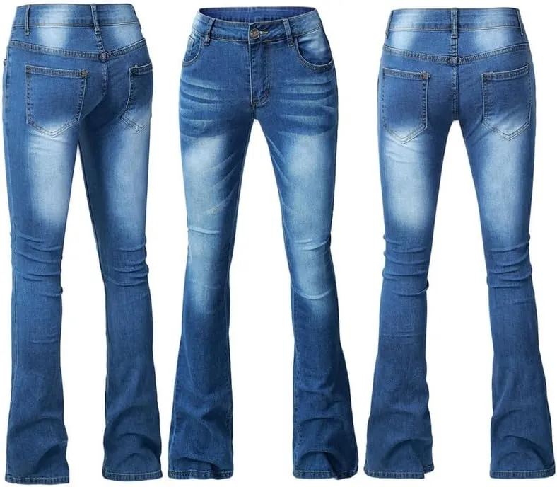 Andongnywell Women's Juniors Stretchy Boot Cut Jeans Pocket Plus Size Washed Low-Rise Jeans Trousers