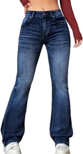 Andongnywell Women's Juniors Stretchy Boot Cut Jeans Pocket Plus Size Washed Low-Rise Jeans Trousers