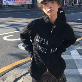 Black Woman Cardigan Coat Fall Winter Clothing Sueter Mujer Stand Neck Zipper Pull Femme Letter Embroidery Zipper Casual Sweater