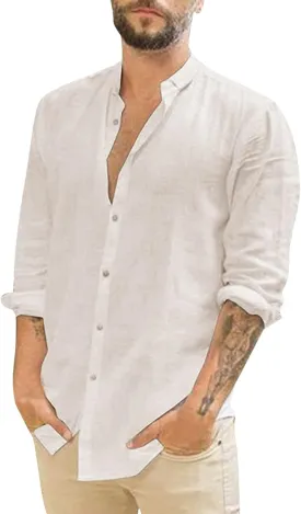 Casual Long Sleeve Linen Shirt Mens Roll Sleeve Hawaiian Wedding Camping Party T-Shirts Beach Vacation Summer Tees