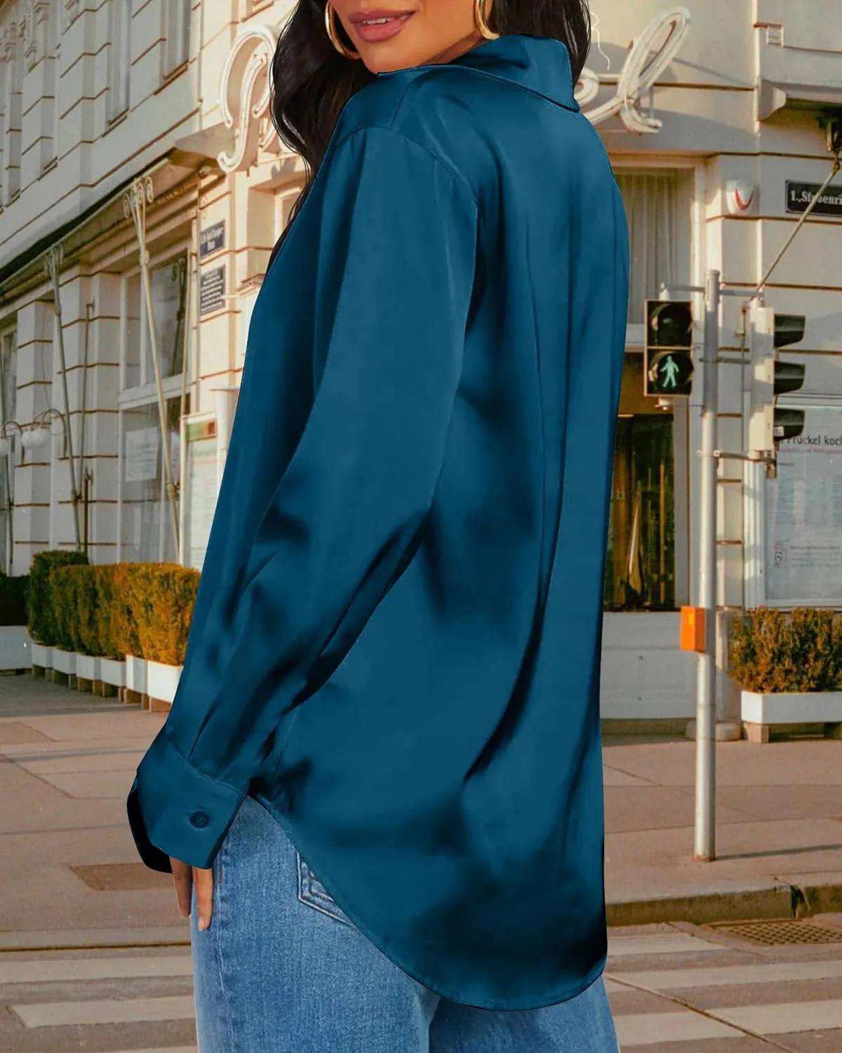 CBOO Women Elegant Satin Blouses Shirts, Soft Silk Shirts Top, Satin Button Down Shirts, Office Long Sleeve Blouse Shirt