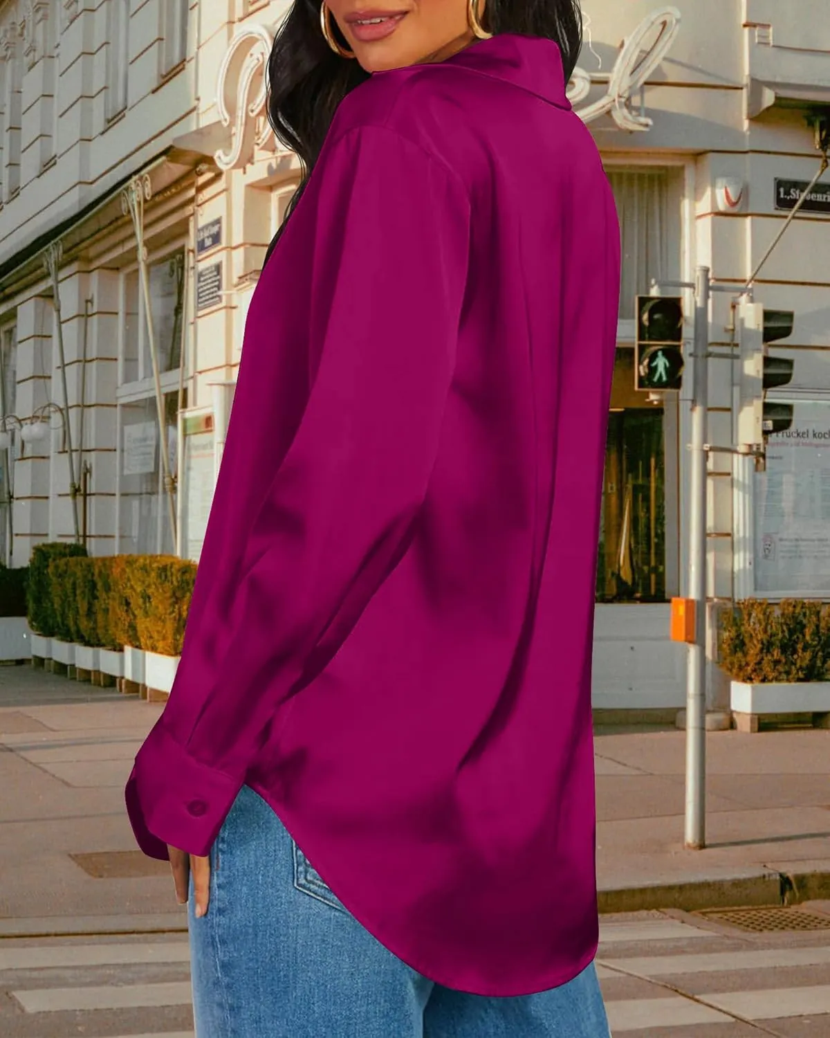 CBOO Women Elegant Satin Blouses Shirts, Soft Silk Shirts Top, Satin Button Down Shirts, Office Long Sleeve Blouse Shirt