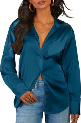 CBOO Women Elegant Satin Blouses Shirts, Soft Silk Shirts Top, Satin Button Down Shirts, Office Long Sleeve Blouse Shirt