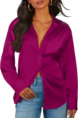 CBOO Women Elegant Satin Blouses Shirts, Soft Silk Shirts Top, Satin Button Down Shirts, Office Long Sleeve Blouse Shirt