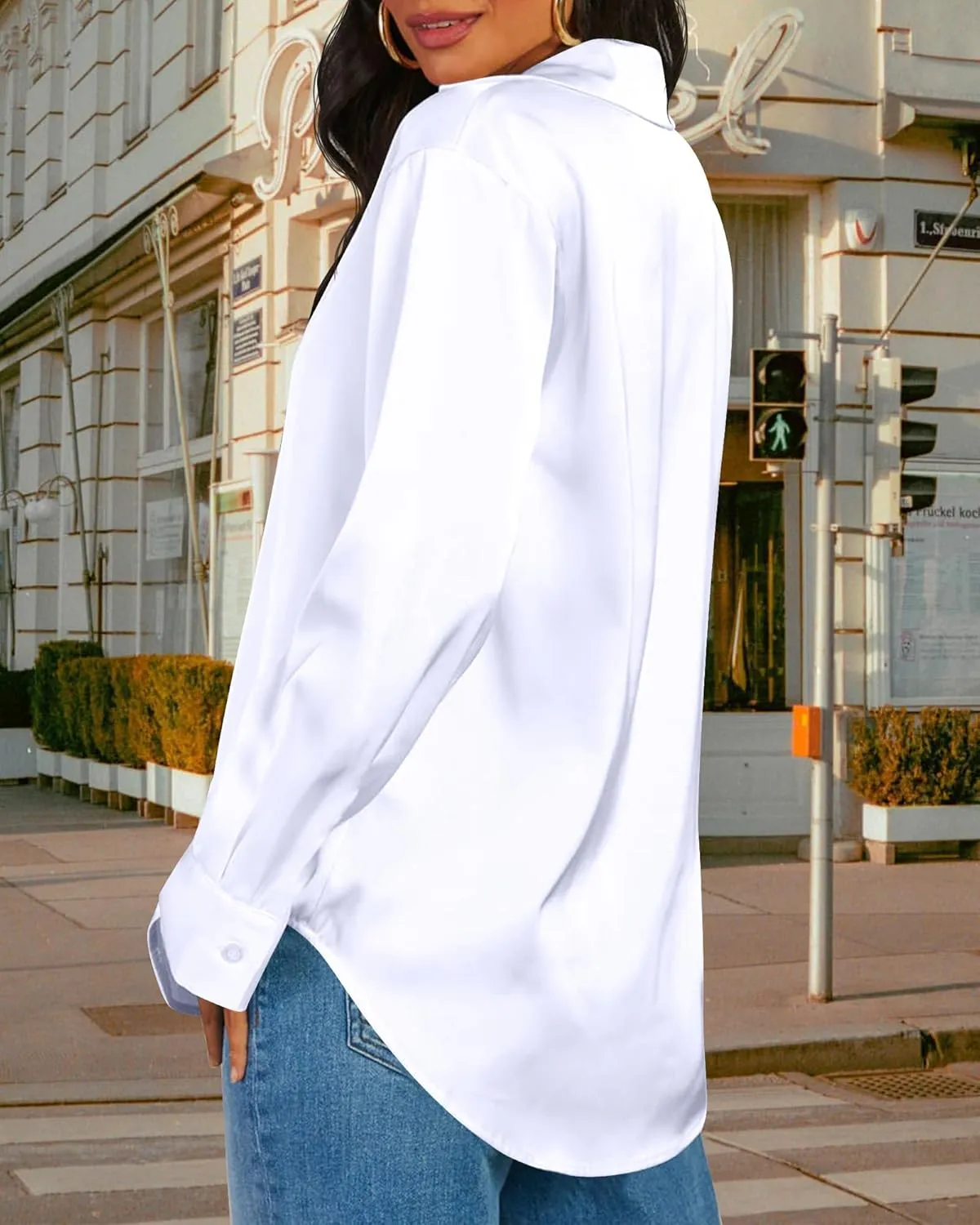 CBOO Women Elegant Satin Blouses Shirts, Soft Silk Shirts Top, Satin Button Down Shirts, Office Long Sleeve Blouse Shirt
