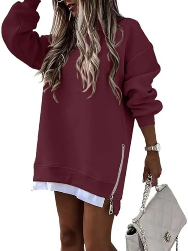 Chrystal Fashionable Stitching Side Zipper Design Pullover Sweatshirt