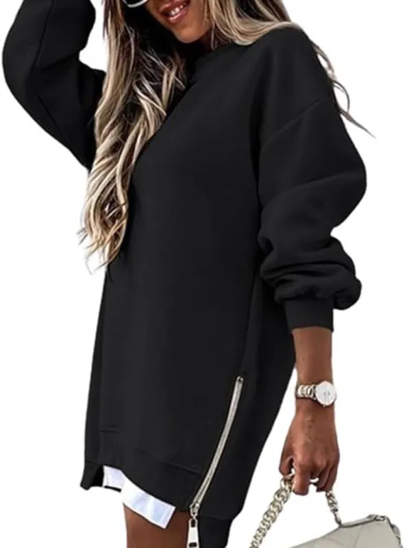 Chrystal Fashionable Stitching Side Zipper Design Pullover Sweatshirt
