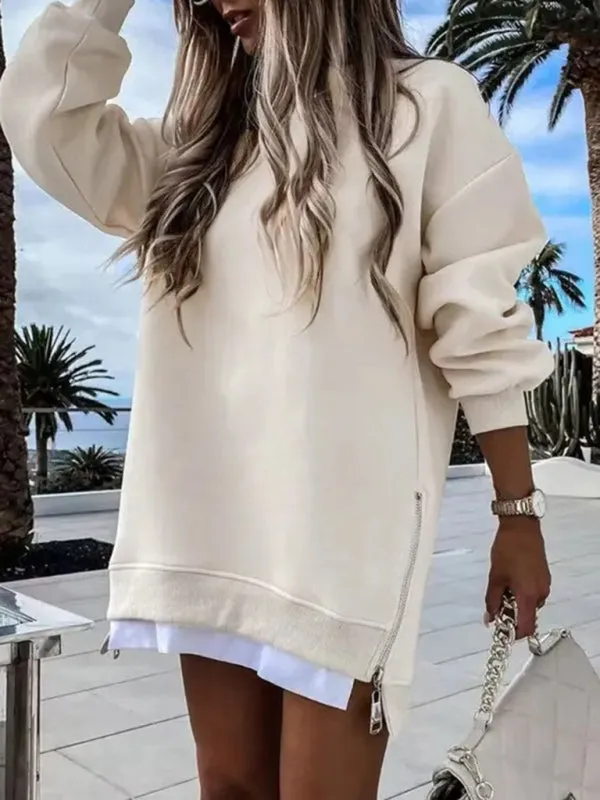 Chrystal Fashionable Stitching Side Zipper Design Pullover Sweatshirt