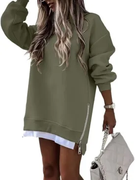 Chrystal Fashionable Stitching Side Zipper Design Pullover Sweatshirt