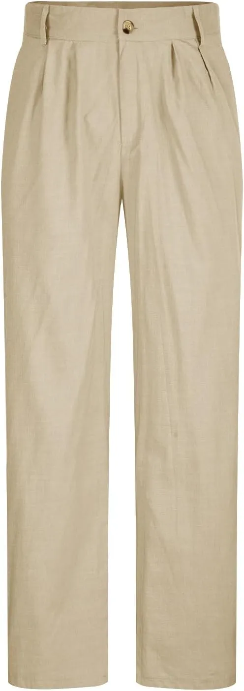 Cotton Linen Pants for Men Pleated Front Trouser Straight Leg Suit Trousers Solid Color Office Trouser Linen Pant
