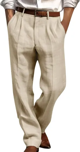 Cotton Linen Pants for Men Pleated Front Trouser Straight Leg Suit Trousers Solid Color Office Trouser Linen Pant