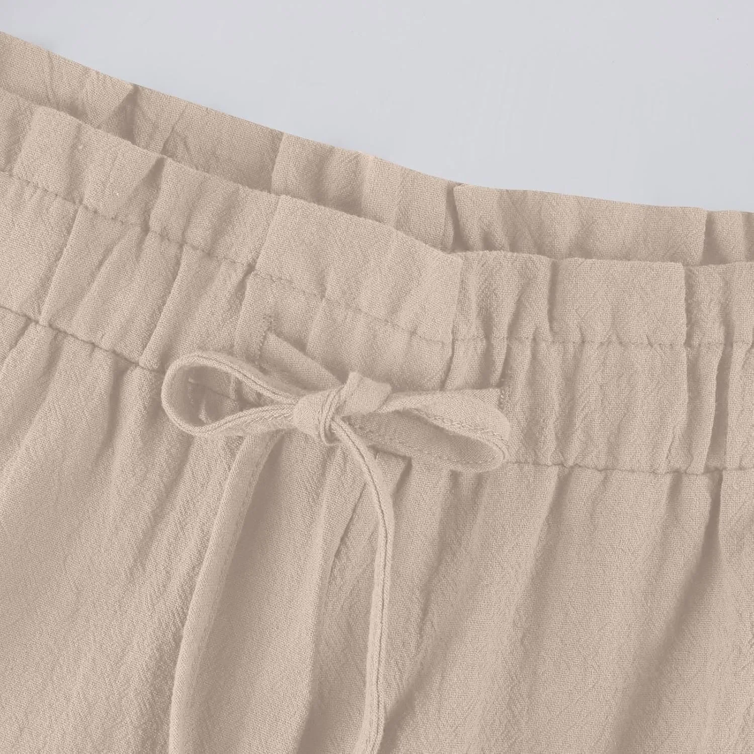 Cropped Linen Pants Women Summer Elastic Waist Wide Leg Crop Pants Casual Drawstring Lightweight Baggy Beach Trousers