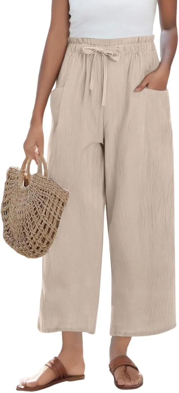 Cropped Linen Pants Women Summer Elastic Waist Wide Leg Crop Pants Casual Drawstring Lightweight Baggy Beach Trousers