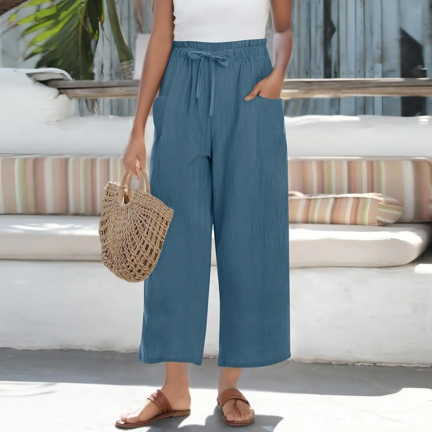 Cropped Linen Pants Women Summer Elastic Waist Wide Leg Crop Pants Casual Drawstring Lightweight Baggy Beach Trousers