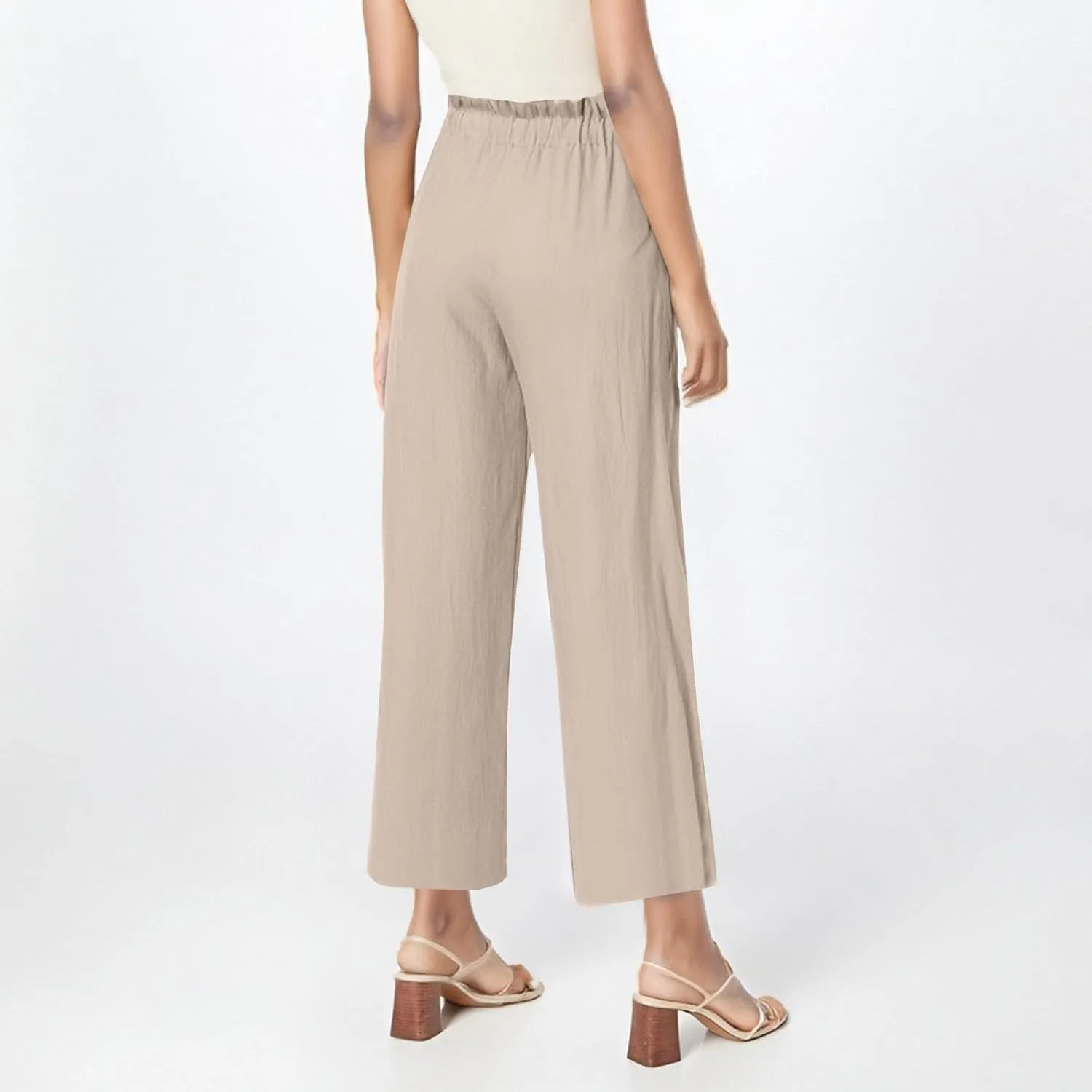 Cropped Linen Pants Women Summer Elastic Waist Wide Leg Crop Pants Casual Drawstring Lightweight Baggy Beach Trousers