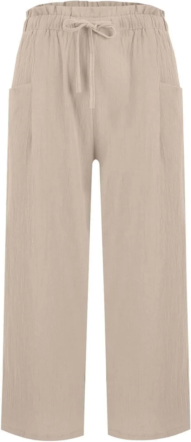 Cropped Linen Pants Women Summer Elastic Waist Wide Leg Crop Pants Casual Drawstring Lightweight Baggy Beach Trousers