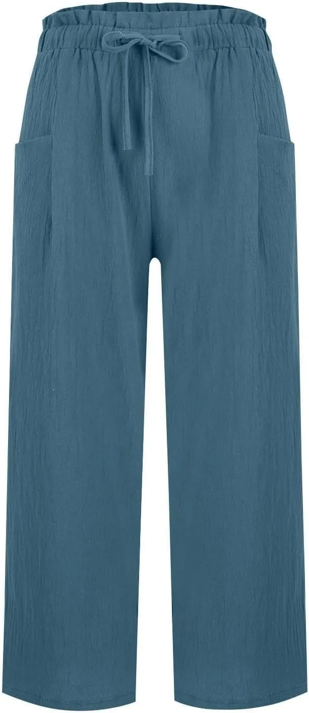 Cropped Linen Pants Women Summer Elastic Waist Wide Leg Crop Pants Casual Drawstring Lightweight Baggy Beach Trousers