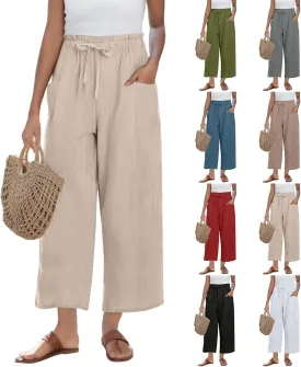 Cropped Linen Pants Women Summer Elastic Waist Wide Leg Crop Pants Casual Drawstring Lightweight Baggy Beach Trousers