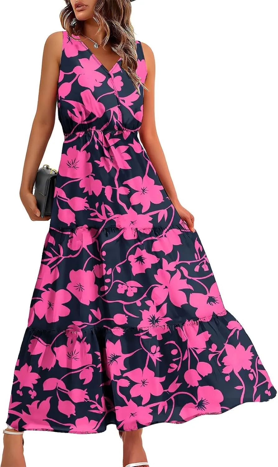DOLKFU Womens Summer Dresses V Neck Trendy Flower Graphic Print Sundress Sleeveless Flowy Elegant Tiered Long Dresses