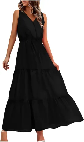 DOLKFU Womens Summer Dresses V Neck Trendy Flower Graphic Print Sundress Sleeveless Flowy Elegant Tiered Long Dresses