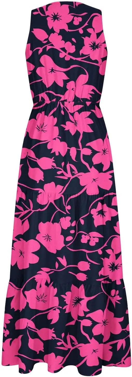 DOLKFU Womens Summer Dresses V Neck Trendy Flower Graphic Print Sundress Sleeveless Flowy Elegant Tiered Long Dresses