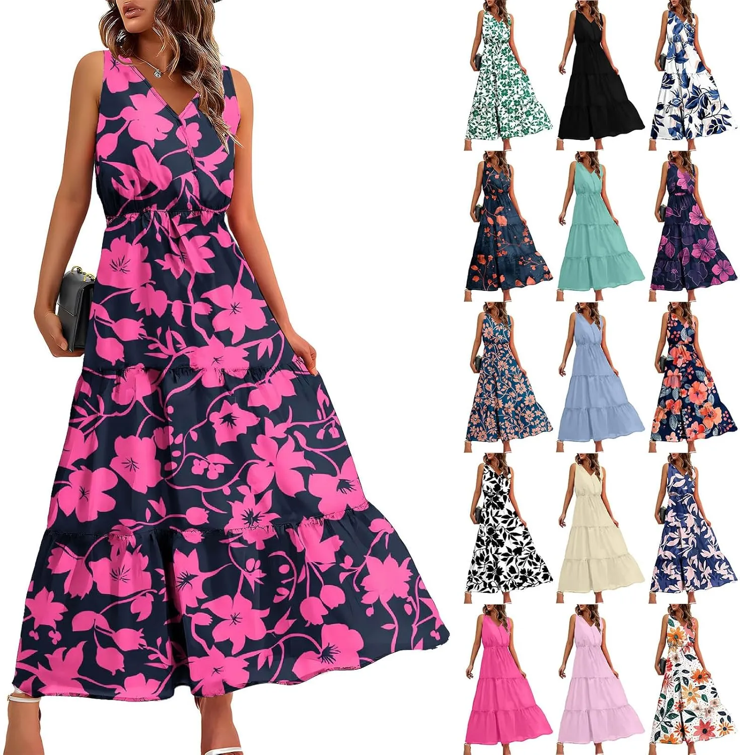 DOLKFU Womens Summer Dresses V Neck Trendy Flower Graphic Print Sundress Sleeveless Flowy Elegant Tiered Long Dresses