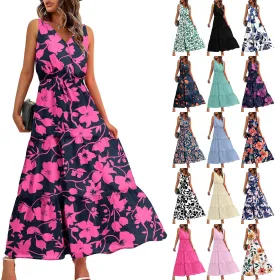 DOLKFU Womens Summer Dresses V Neck Trendy Flower Graphic Print Sundress Sleeveless Flowy Elegant Tiered Long Dresses