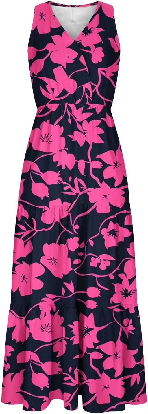 DOLKFU Womens Summer Dresses V Neck Trendy Flower Graphic Print Sundress Sleeveless Flowy Elegant Tiered Long Dresses