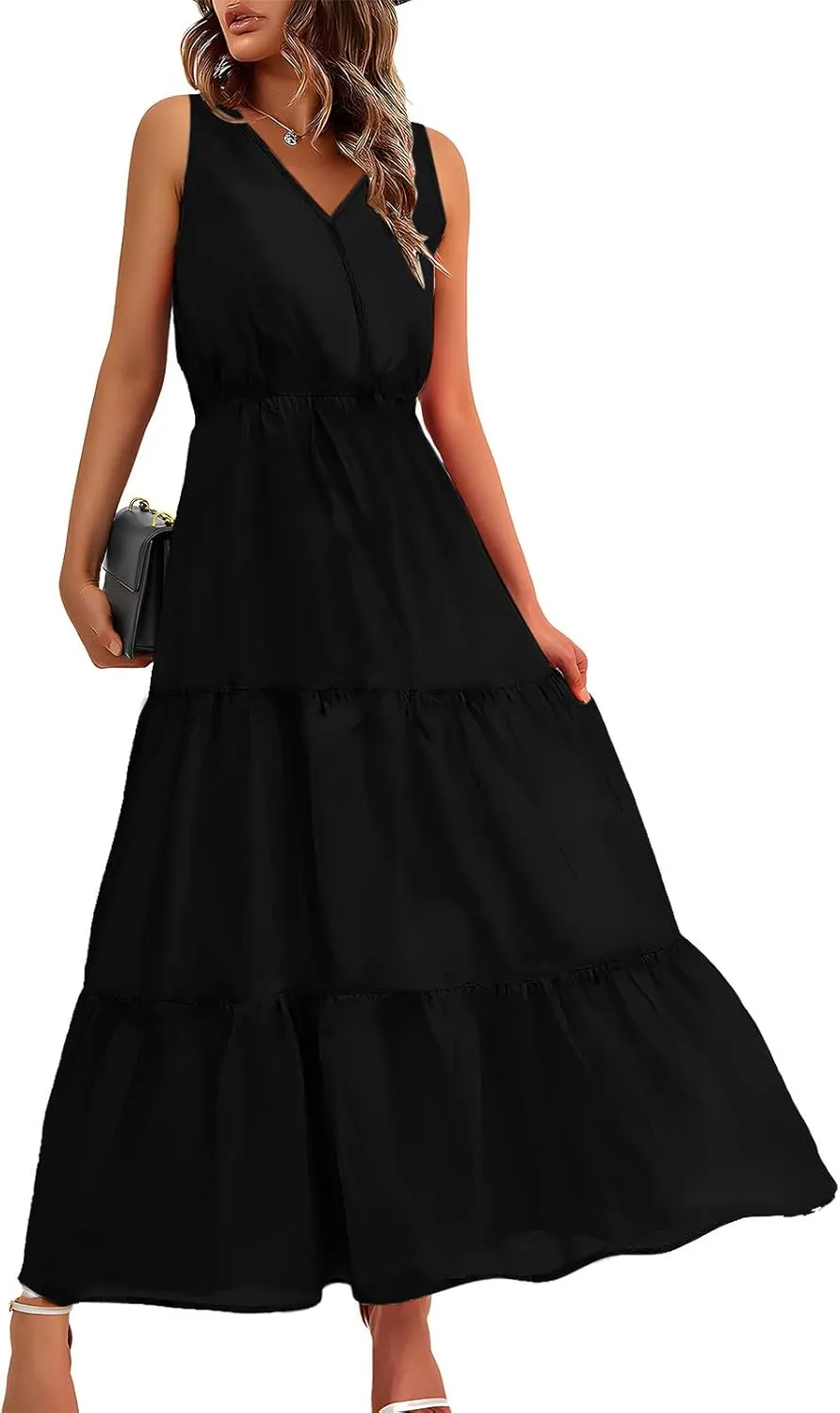 DOLKFU Womens Summer Dresses V Neck Trendy Flower Graphic Print Sundress Sleeveless Flowy Elegant Tiered Long Dresses