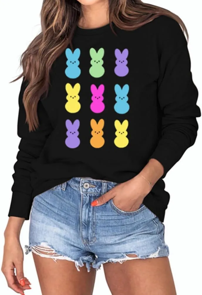 Easter Bunny Sweatshirt Women Long Sleeve Cute Rabbit Bunny Peeps Graphic Tees Happy Easter Pullover Tops