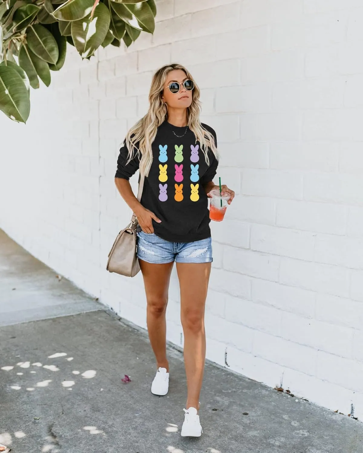 Easter Bunny Sweatshirt Women Long Sleeve Cute Rabbit Bunny Peeps Graphic Tees Happy Easter Pullover Tops