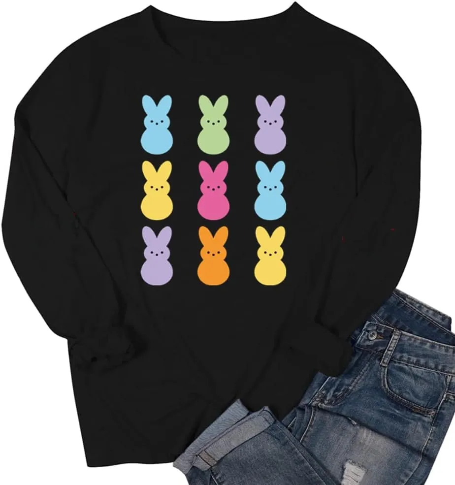 Easter Bunny Sweatshirt Women Long Sleeve Cute Rabbit Bunny Peeps Graphic Tees Happy Easter Pullover Tops