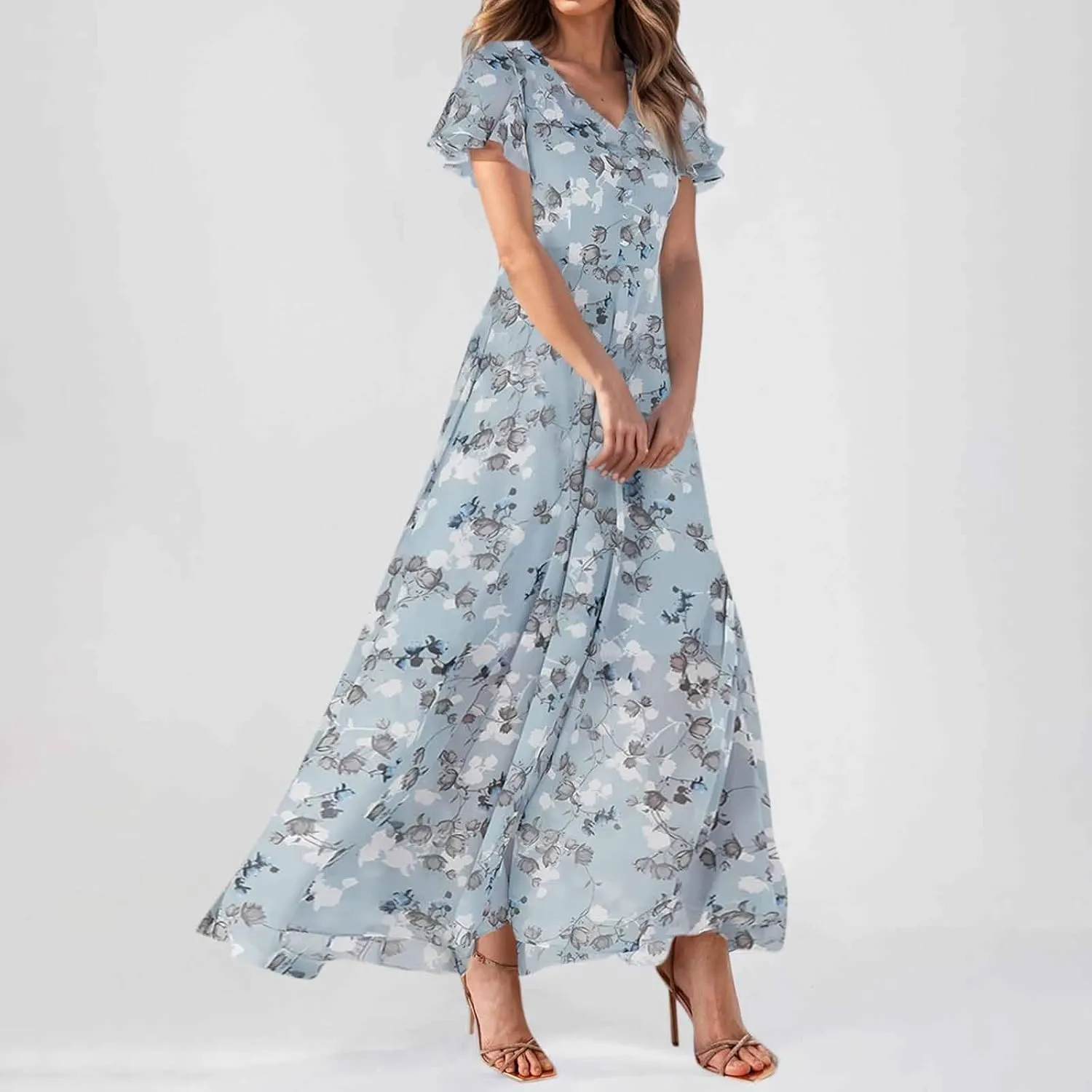 Floral Maxi Dress Casual Summer Chiffon Short Sleeve A Line Dresses for Wedding Guest Classy Tea Party V Neck Dress
