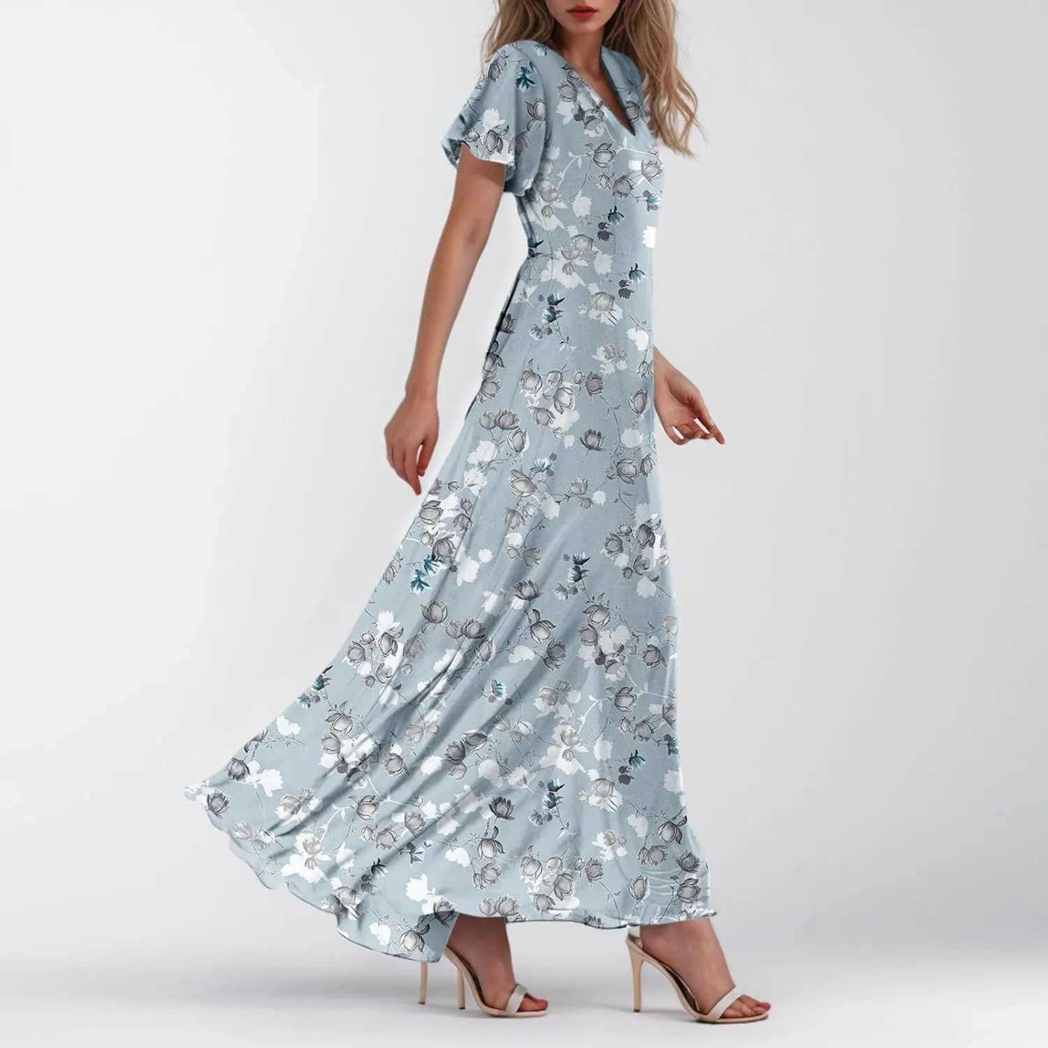 Floral Maxi Dress Casual Summer Chiffon Short Sleeve A Line Dresses for Wedding Guest Classy Tea Party V Neck Dress