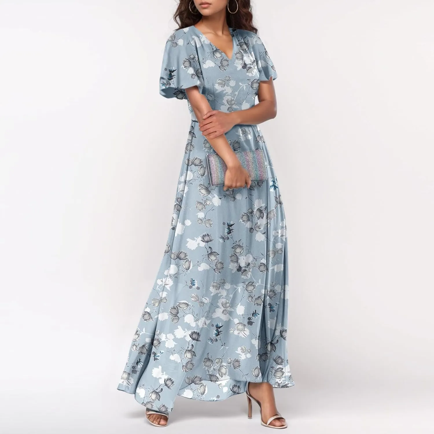 Floral Maxi Dress Casual Summer Chiffon Short Sleeve A Line Dresses for Wedding Guest Classy Tea Party V Neck Dress
