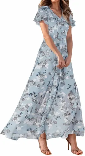 Floral Maxi Dress Casual Summer Chiffon Short Sleeve A Line Dresses for Wedding Guest Classy Tea Party V Neck Dress