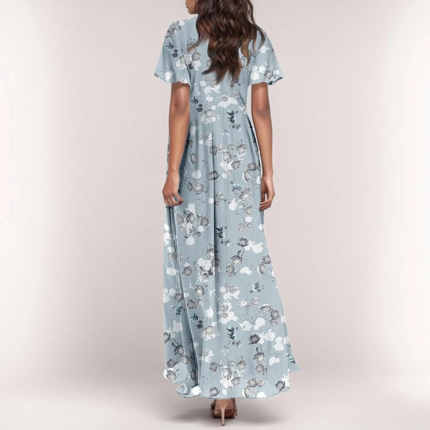 Floral Maxi Dress Casual Summer Chiffon Short Sleeve A Line Dresses for Wedding Guest Classy Tea Party V Neck Dress