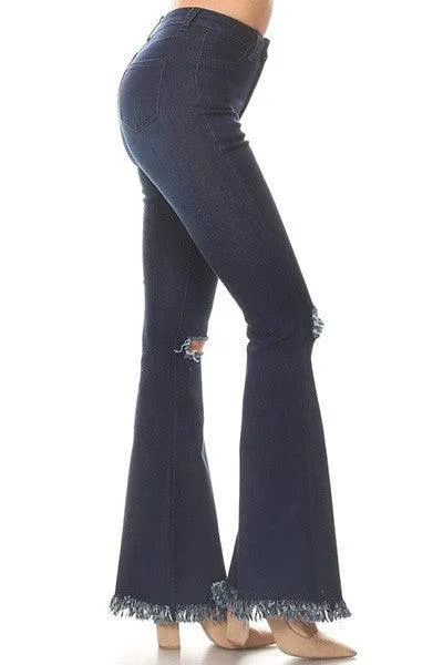 GP3323 High waist stretch bell bottom jeans with rip & fray hem