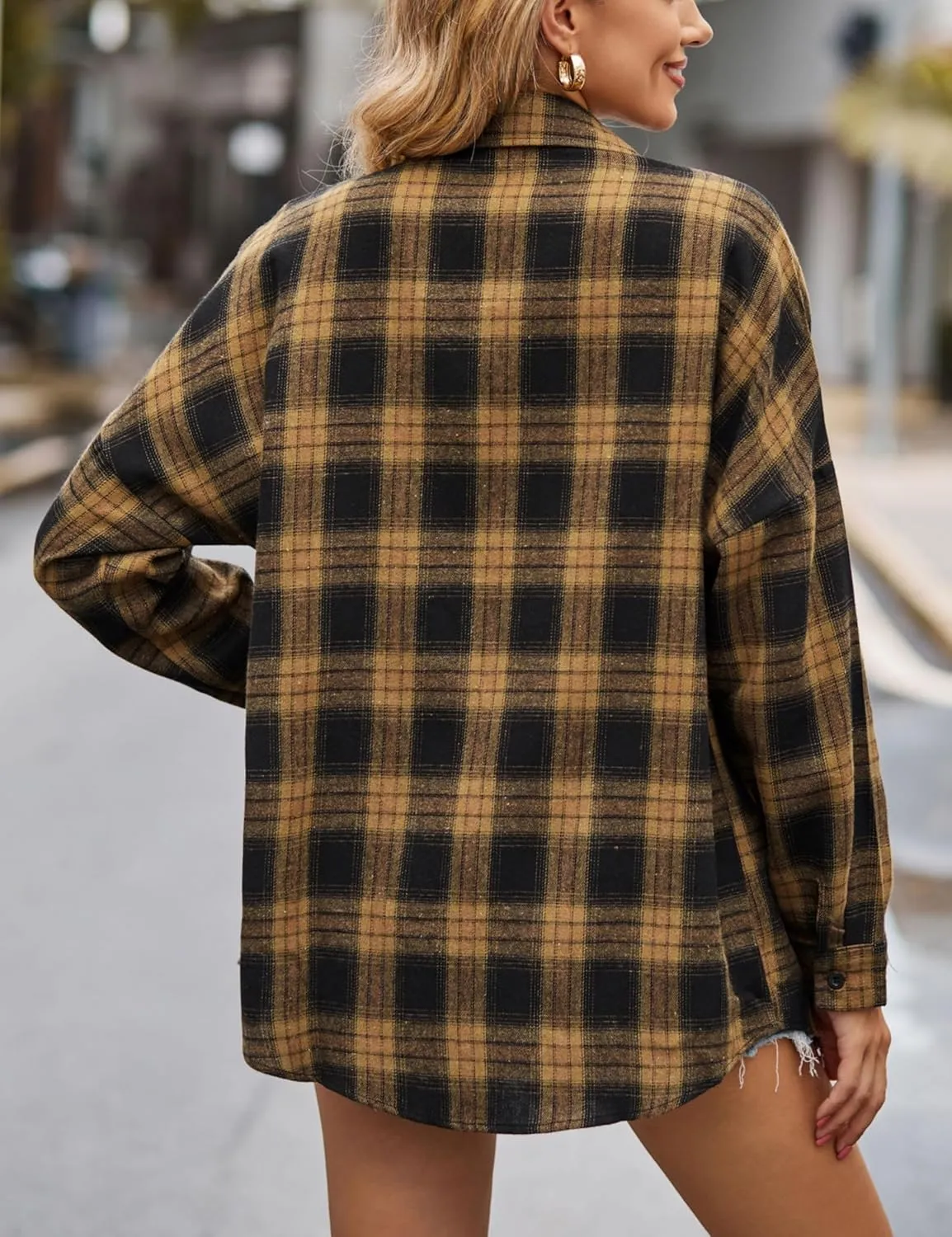 HangNiFang Womens Flannel Plaid Shirts Oversized Lightweight Button Down Shirts Blouse