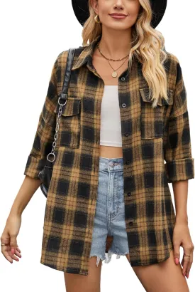 HangNiFang Womens Flannel Plaid Shirts Oversized Lightweight Button Down Shirts Blouse