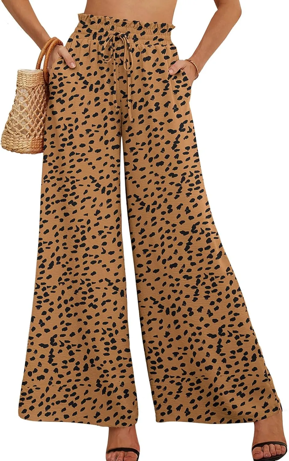 Heymoments Women's Wide Leg Lounge Pants Lightweight High Waisted Adjustable Tie Knot Loose Trousers with Pockets