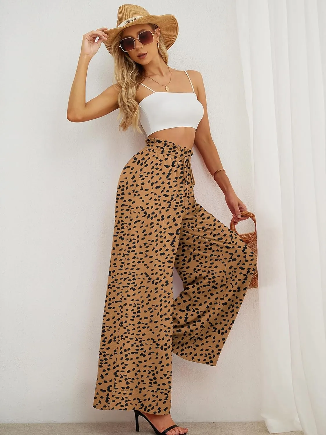 Heymoments Women's Wide Leg Lounge Pants Lightweight High Waisted Adjustable Tie Knot Loose Trousers with Pockets