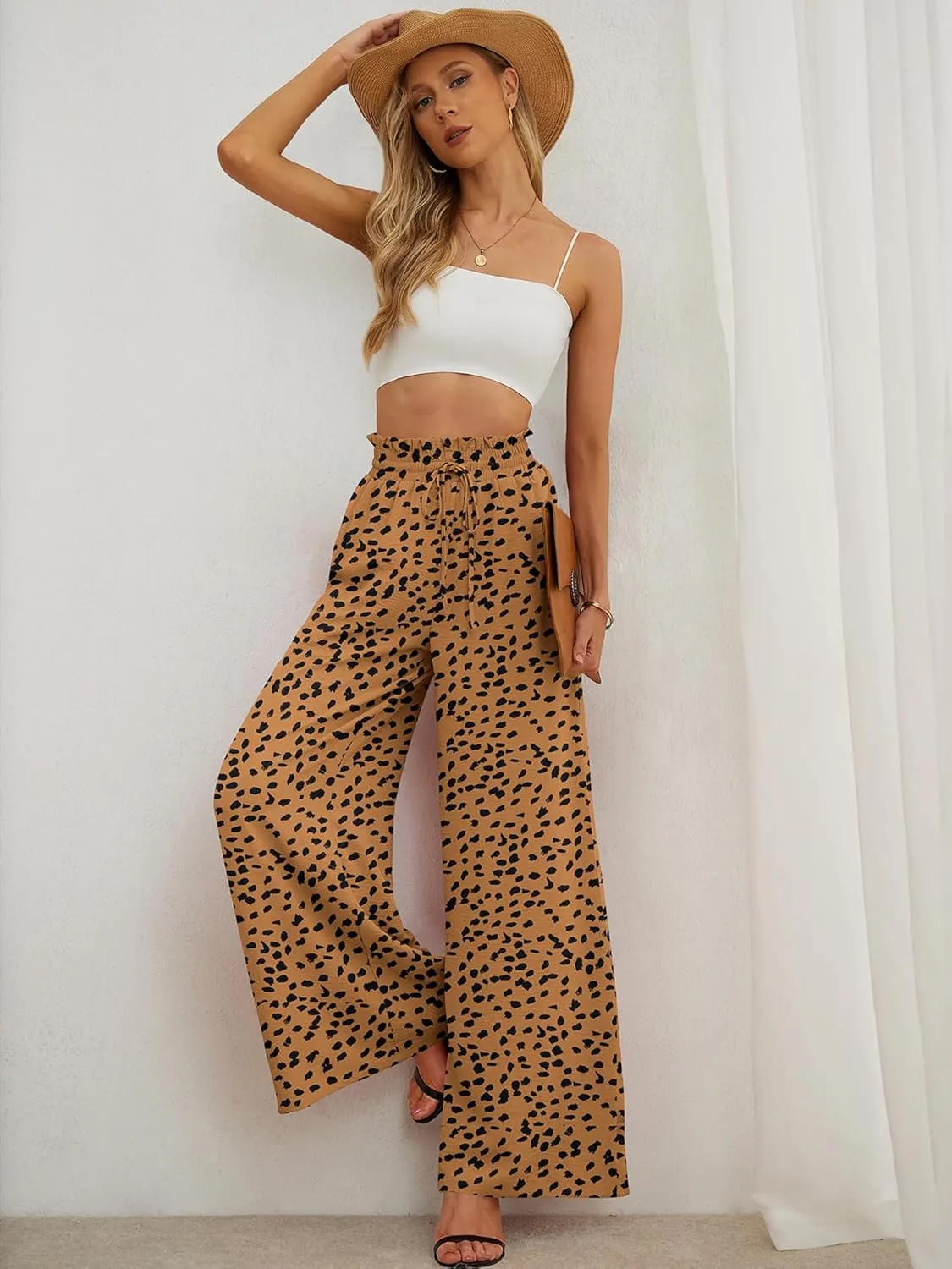 Heymoments Women's Wide Leg Lounge Pants Lightweight High Waisted Adjustable Tie Knot Loose Trousers with Pockets