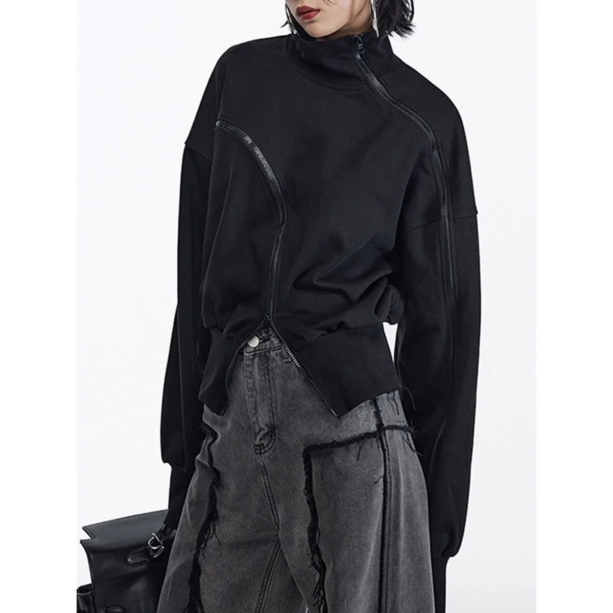 Irregular Zipper Placket Short Sweatshirt