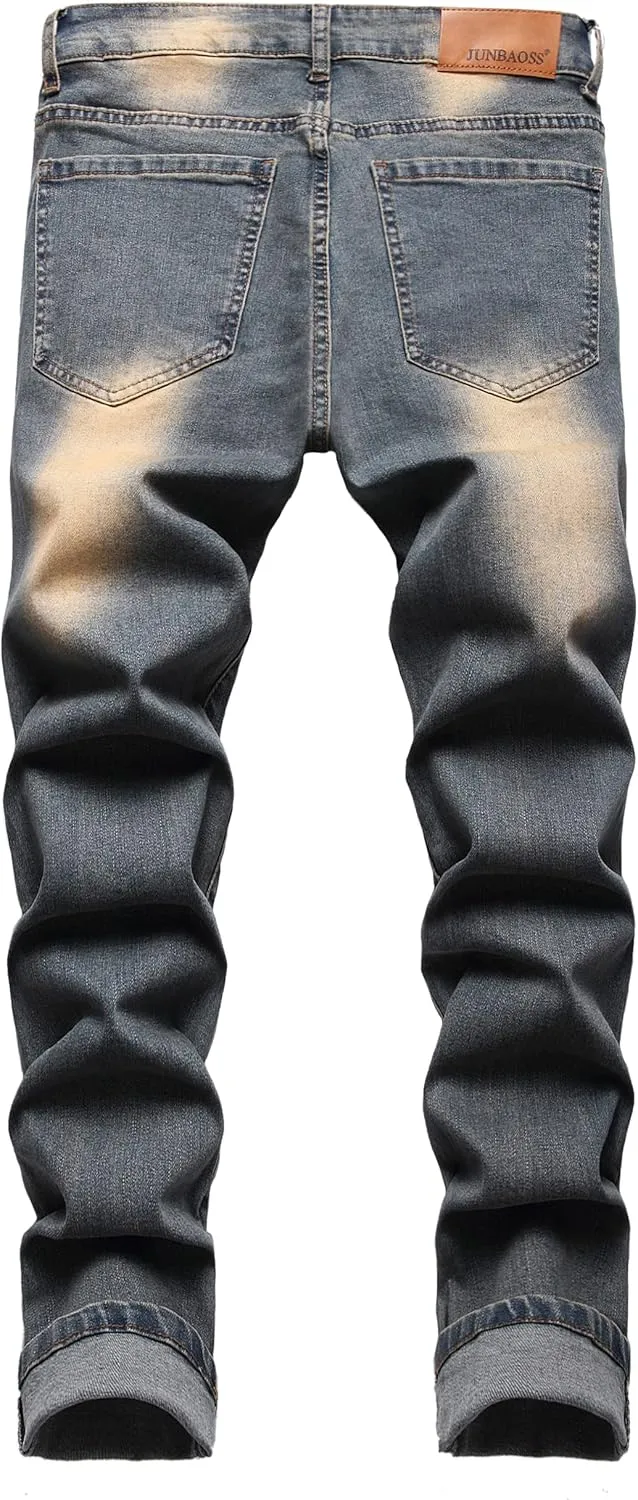JUNBAOSS Men's Slim Fit Stretch Jeans Ripped Skinny Jeans for Men, Distressed Straight Leg Fashion Comfort Flex Waist Pants